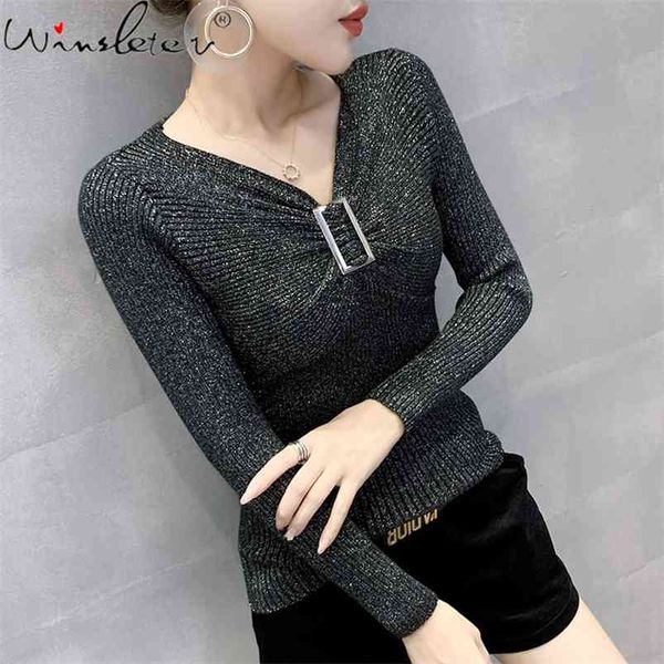 spring autumn sweater women shiny v-neck ruched buckle long sleeve knitted jumper pullover stretchable t010208a 210421, White;black
spring autumn sweater women shiny v-neck ruched buckle long sleeve knitted jumper pullover stretchable t010208a 210421, White;black