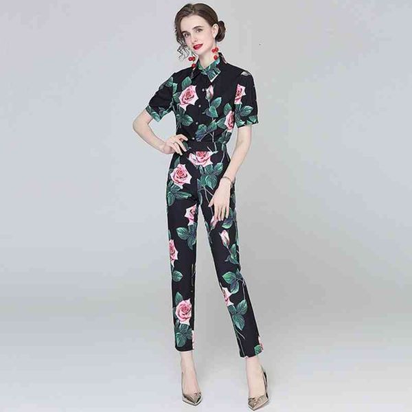 women's two piece pants summer fashion rose flower print suit women single-breasted shirts + hight waist slim long pieces set aiua, White
women's two piece pants summer fashion rose flower print suit women single-breasted shirts + hight waist slim long pieces set aiua, White