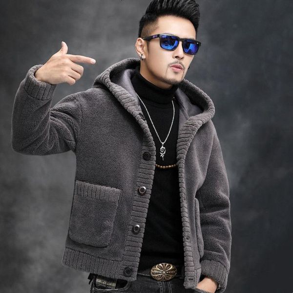 men's wool & blends sided double wear grain sheep sheared cashmere jacket fur one short hooded haining coat, Black
men's wool & blends sided double wear grain sheep sheared cashmere jacket fur one short hooded haining coat, Black