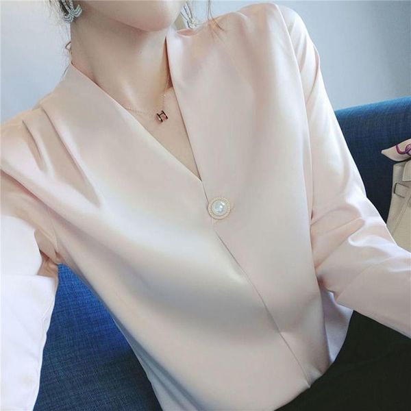 women's blouses & shirts office lady smooth satin v-neck pearl button women spring elegant vintage long sleeve fashion casual pullover, White
women's blouses & shirts office lady smooth satin v-neck pearl button women spring elegant vintage long sleeve fashion casual pullover, White