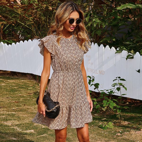 2021 summer new wavy print fly sleeve dress for women, White
2021 summer new wavy print fly sleeve dress for women, White