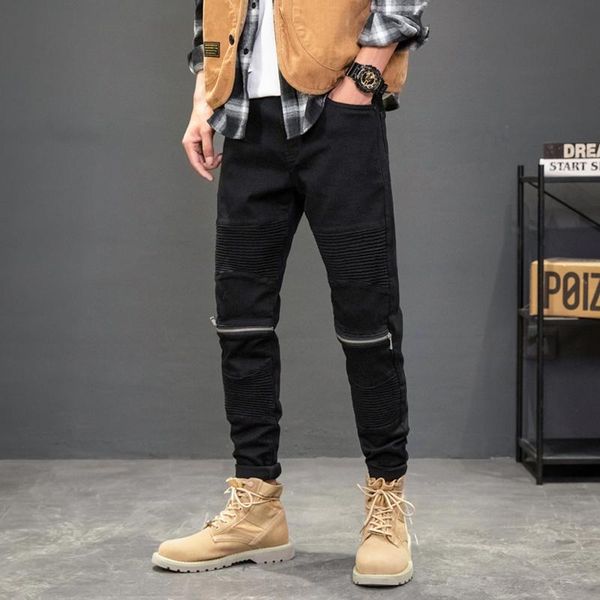 men's jeans american street style fashion men black elastic slim fit zipper spliced designer biker hip hop denim punk pants, Blue
men's jeans american street style fashion men black elastic slim fit zipper spliced designer biker hip hop denim punk pants, Blue