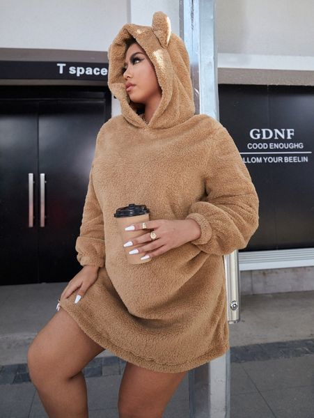 plus 3d ear detail teddy hooded dress h70j#, Black
plus 3d ear detail teddy hooded dress h70j#, Black