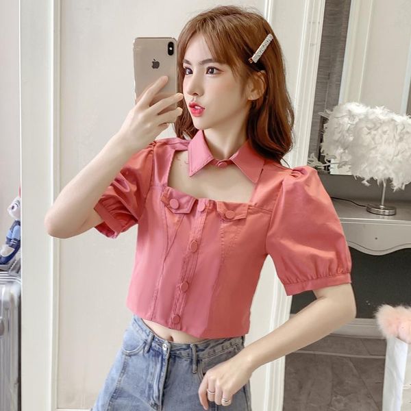 women's t-shirt summer style retro puff sleeve collar shirt strapless single breasted crop top, White
women's t-shirt summer style retro puff sleeve collar shirt strapless single breasted crop top, White