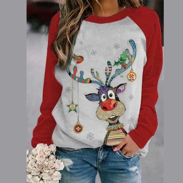 women's t-shirt spring autumn loose women bottoming shirt christmas cat elk snowman print color matching long-sleeved, White
women's t-shirt spring autumn loose women bottoming shirt christmas cat elk snowman print color matching long-sleeved, White