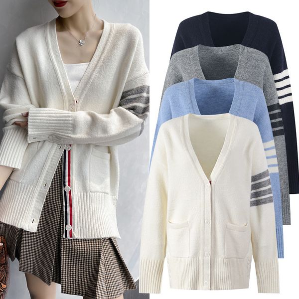 men's and women's autumn winter 2021 new tb four bar knitted cardigan fashionable pocket couple loose coat top, White;black
men's and women's autumn winter 2021 new tb four bar knitted cardigan fashionable pocket couple loose coat top, White;black