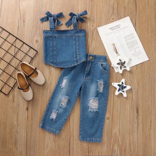 clothing sets summer 2pcs kids toddler baby girl denim outfits sleeveless tie strap crop + ripped long pants set, White
clothing sets summer 2pcs kids toddler baby girl denim outfits sleeveless tie strap crop + ripped long pants set, White