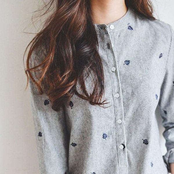korea cotton striped leaves women blouses embroidered long sleeve stand collar slim shirt casual office lady, White
korea cotton striped leaves women blouses embroidered long sleeve stand collar slim shirt casual office lady, White