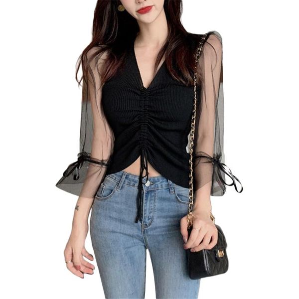 summer blouse mesh flare long sleeve patchwork knitwear young girls perspective drawstring casual style v neck clothes women's blouses, White
summer blouse mesh flare long sleeve patchwork knitwear young girls perspective drawstring casual style v neck clothes women's blouses, White