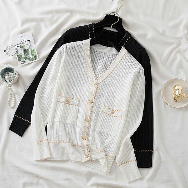 women's knits & tees 2021 autumn v-neck ice silk knitted cardigan vintage hollow thin short loose long-sleeve with pocket 17123, White
women's knits & tees 2021 autumn v-neck ice silk knitted cardigan vintage hollow thin short loose long-sleeve with pocket 17123, White
