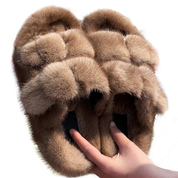 slippers 2021 europe station fashion luxury 100% mink women's furry amazing plush, Black