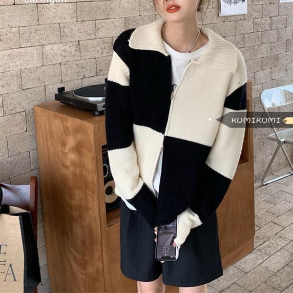women's knits & tees contrast loose check neck t-shirt autumn double zipper long sleeve sweater cardigan women, White
women's knits & tees contrast loose check neck t-shirt autumn double zipper long sleeve sweater cardigan women, White