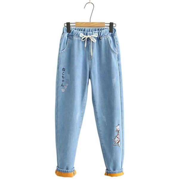 fleece cartoon cat embroidery warm jeans for women 2021 winter plus velvet straight denim pants elastic waist pocket trousers women's, Blue
fleece cartoon cat embroidery warm jeans for women 2021 winter plus velvet straight denim pants elastic waist pocket trousers women's, Blue