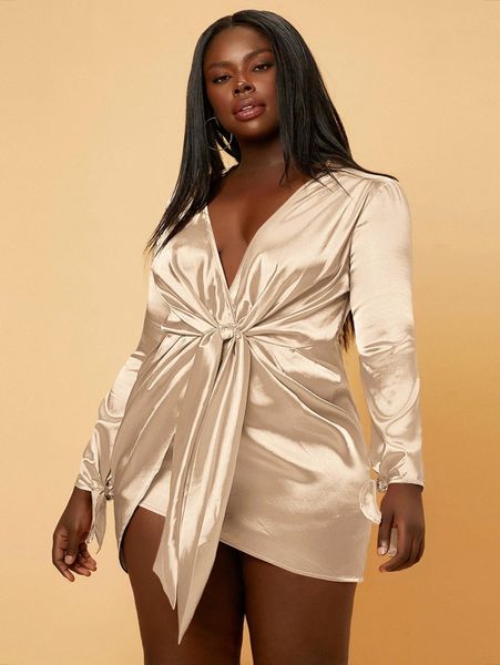 sxy plus deep v neck knot front satin dress 60vt#, Black 
sxy plus deep v neck knot front satin dress 60vt#, Black