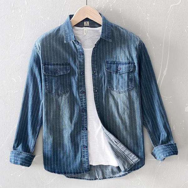 men's casual shirts 2022 long sleeve vintage striped denim with pockets full cotton men blue black, White;black
men's casual shirts 2022 long sleeve vintage striped denim with pockets full cotton men blue black, White;black