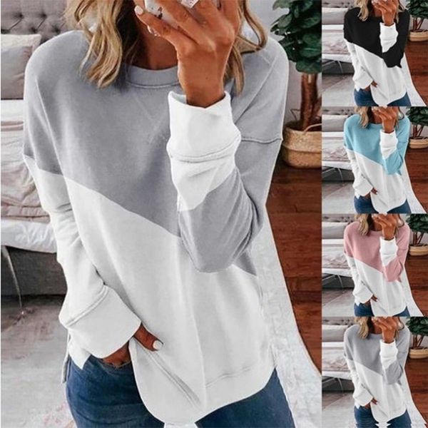 2021 women's color matching long sleeve round neck contrast loose sweater t-shirt, White
2021 women's color matching long sleeve round neck contrast loose sweater t-shirt, White