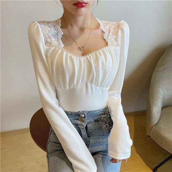 women's blouses & shirts casual lace square collar long sleeve slim blouse and female solid sweet korean style office lady women 2021, White
women's blouses & shirts casual lace square collar long sleeve slim blouse and female solid sweet korean style office lady women 2021, White