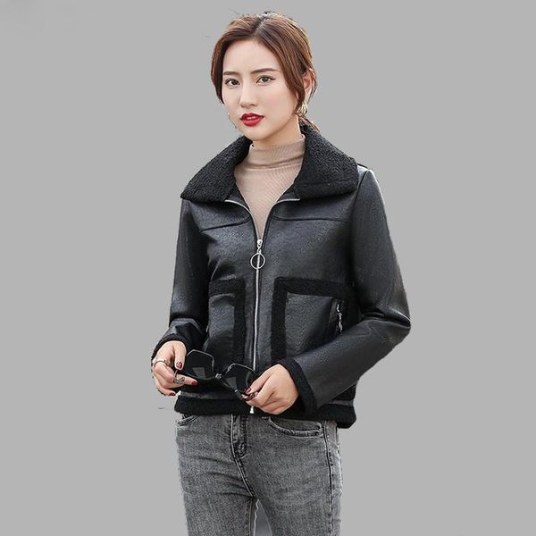 women's leather & faux 2022 short jacket women spring autumn vintage pu coat lamb velvet lapel slim female lr1931, Black
women's leather & faux 2022 short jacket women spring autumn vintage pu coat lamb velvet lapel slim female lr1931, Black
