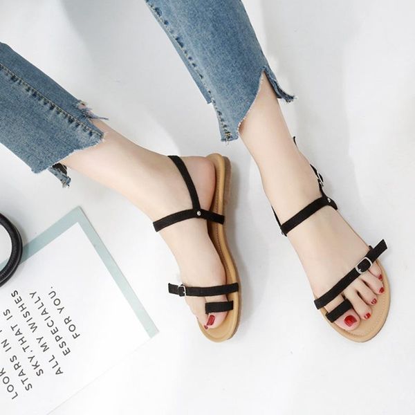 summer gladiator rome women sandals front rear strap buckle shoes solid casual flat, Black