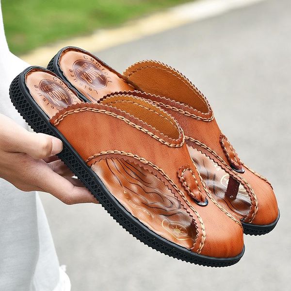 slippers summer style flip flops men leather genuine closed-toe fashion cowhide split toe outdoor wear shoes, Black
slippers summer style flip flops men leather genuine closed-toe fashion cowhide split toe outdoor wear shoes, Black