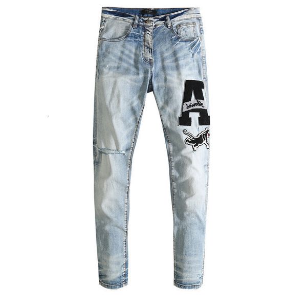 am summer new patch cloth dog embroidery knee hole scratch jeans men's old washing water slimming, Blue
am summer new patch cloth dog embroidery knee hole scratch jeans men's old washing water slimming, Blue