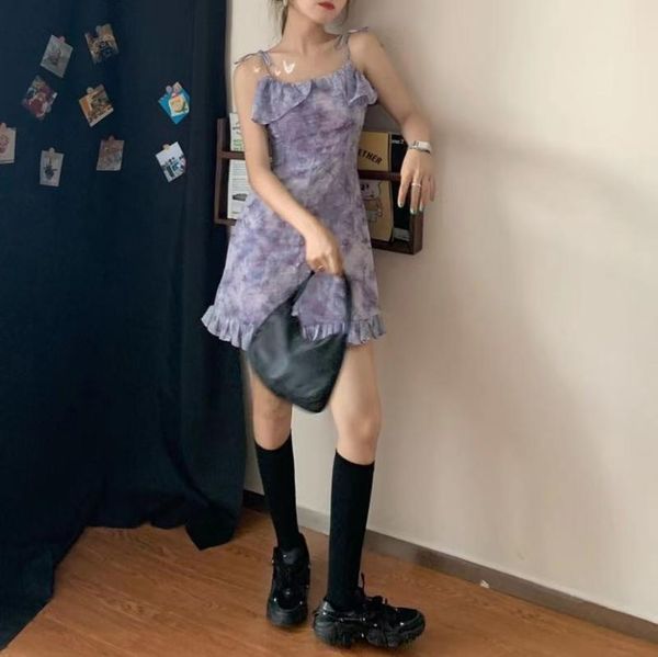 casual dresses retro ruffle tie dyed suspender dress for women in summer 2021, Black;gray
casual dresses retro ruffle tie dyed suspender dress for women in summer 2021, Black;gray