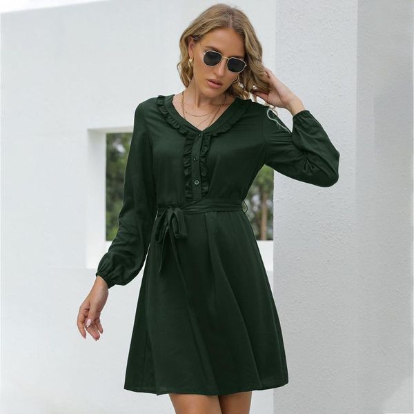 casual dresses women solid dress long sleeve single-breasted decorative waist lace up midi ruffled neck female summer autumn clothes, Black;gray
casual dresses women solid dress long sleeve single-breasted decorative waist lace up midi ruffled neck female summer autumn clothes, Black;gray