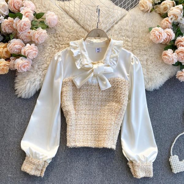 fashion bow neck satin womens shirt long sleeve stitching short tweed women vintage elegant shirts and q439, White
fashion bow neck satin womens shirt long sleeve stitching short tweed women vintage elegant shirts and q439, White