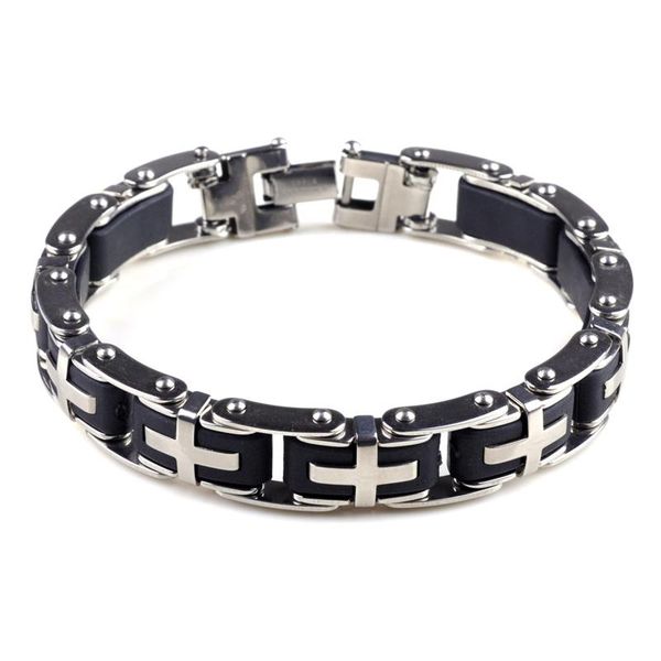 charm bracelets 2 size silver color stainless steel bracelet black rubber cross motorcycle biker mens chain link bangles jewelry, Golden;silver 
charm bracelets 2 size silver color stainless steel bracelet black rubber cross motorcycle biker mens chain link bangles jewelry, Golden;silver