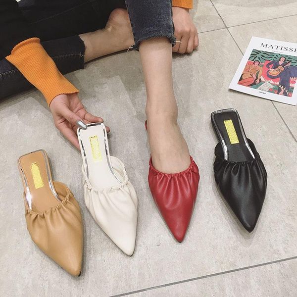 slippers women's shoes pointed toe spring 2021 flat fold mules, Black 
slippers women's shoes pointed toe spring 2021 flat fold mules, Black