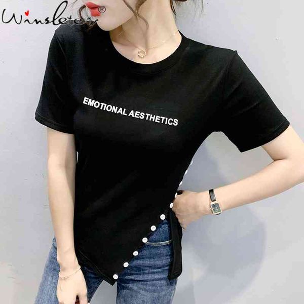 women's t-shirt summer european clothes cotton solid fashion letter irregularity split button women short sleeve tees t15411a, White
women's t-shirt summer european clothes cotton solid fashion letter irregularity split button women short sleeve tees t15411a, White