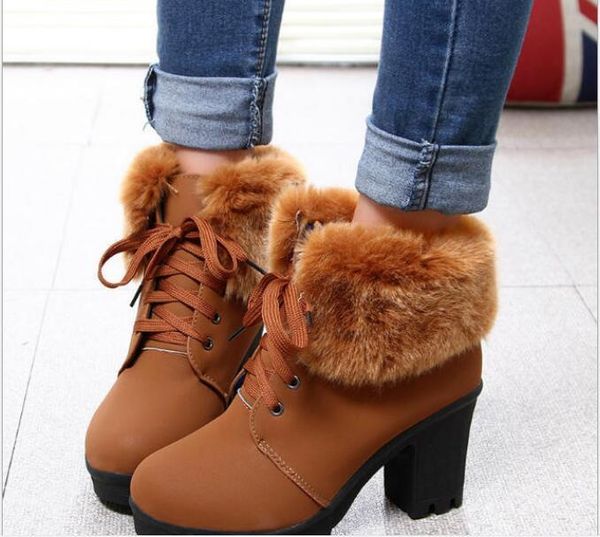boots high heel winter shoes women fashion women's plush warm fur ladies black ankle botas
