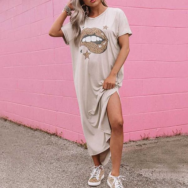 european american summer street trend light mature women's short-sleeved lip print split loose round neck casual dress 210527, Black;gray
european american summer street trend light mature women's short-sleeved lip print split loose round neck casual dress 210527, Black;gray