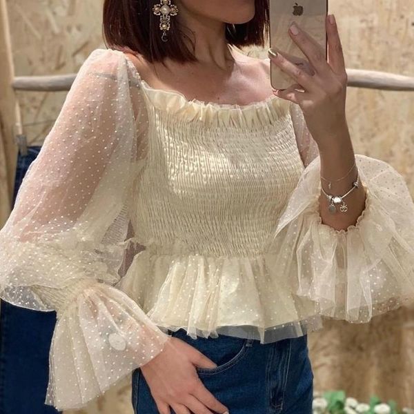 women's blouses & shirts mesh puff sleeve backless chiffon blouse women high waist pleated female polka dot patchwork ladies, White
women's blouses & shirts mesh puff sleeve backless chiffon blouse women high waist pleated female polka dot patchwork ladies, White