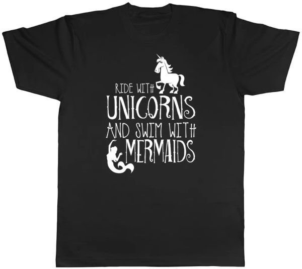 ride with unicorns & swim with mermaids ladies womens t-shirt, White;black