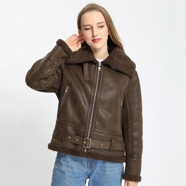 women's fur & faux janefur double face sheepskin coat fashion sheep jacket warm motorcycle for women, Black
women's fur & faux janefur double face sheepskin coat fashion sheep jacket warm motorcycle for women, Black