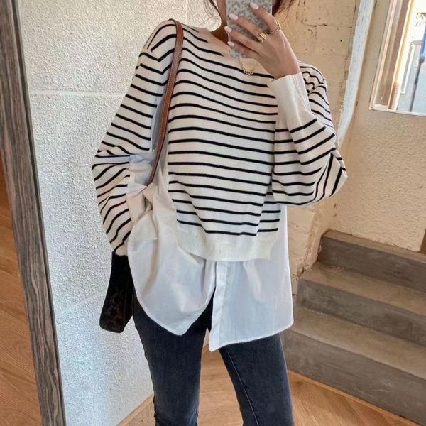 women's polos autumn 2021 korean fashion stripe splicing blouse round neck long sleeve fake two casual loose simplicity, White
women's polos autumn 2021 korean fashion stripe splicing blouse round neck long sleeve fake two casual loose simplicity, White