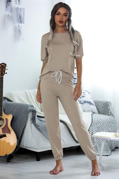 women's tracksuits solid color bubble sleeve 2-piece set summer women short and pants clothing leisure suit, Gray 
women's tracksuits solid color bubble sleeve 2-piece set summer women short and pants clothing leisure suit, Gray