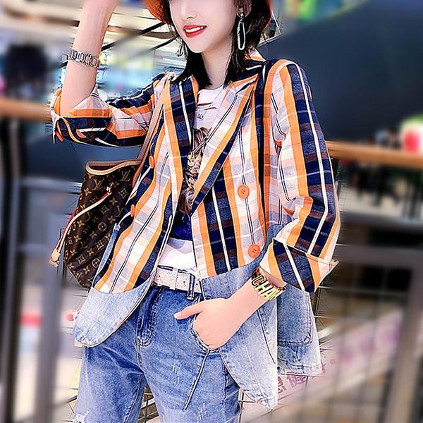 women's suits & blazers european designer women coat plaid printed woman spring casual denim spliced double breast party ns748, White;black
women's suits & blazers european designer women coat plaid printed woman spring casual denim spliced double breast party ns748, White;black