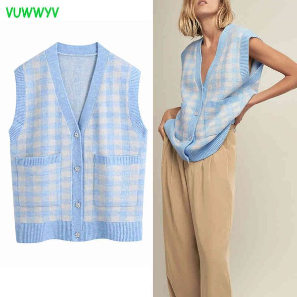 vuwwyv blue plaid knitted vest female spring oversized ribbed pockets woman sweaters front rhinestone button waistcoat 210430, Black;white
vuwwyv blue plaid knitted vest female spring oversized ribbed pockets woman sweaters front rhinestone button waistcoat 210430, Black;white