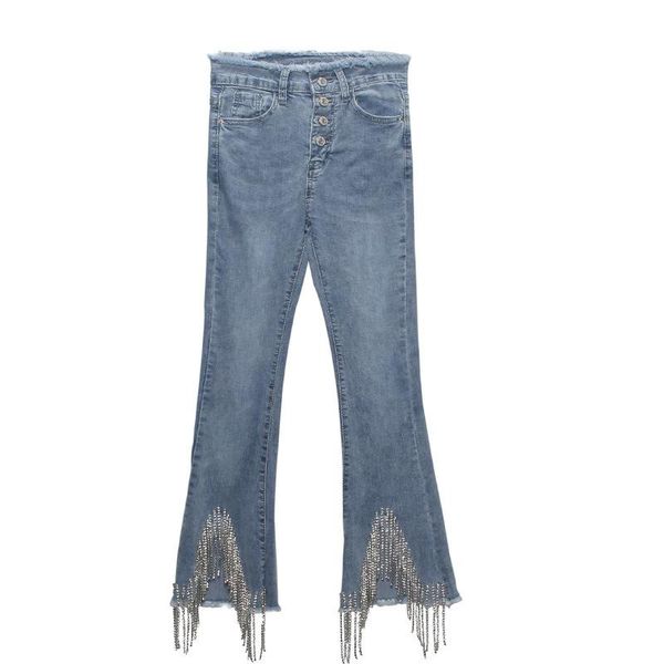 women's jeans spring heavy industry fringed beaded and fur-trimmed high waist slim with slight flare, Blue
women's jeans spring heavy industry fringed beaded and fur-trimmed high waist slim with slight flare, Blue