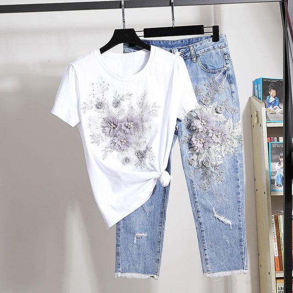 korean summer white pink t-shirt frayed denim pants set women embroidery flower cotton tee shirt jeans outfits suit female women's two
korean summer white pink t-shirt frayed denim pants set women embroidery flower cotton tee shirt jeans outfits suit female women's two