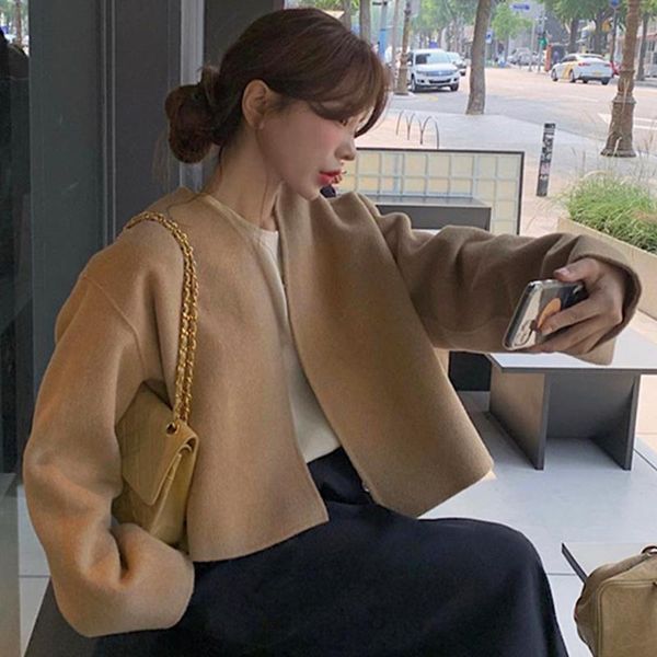 women's wool & blends lxcx korea chic minimalist autumn winter temperament v-neck loose versatile long sleeve short cardigan woolen coa, Black
women's wool & blends lxcx korea chic minimalist autumn winter temperament v-neck loose versatile long sleeve short cardigan woolen coa, Black