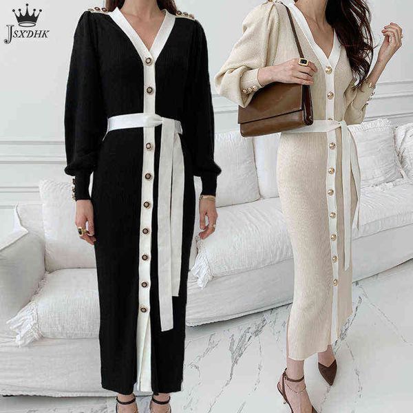 2021 autumn vintage elegant knitted long dress women v-neck lantern sleeve single breasted hit color lace up sweater midi dress y1204, Black;gray
2021 autumn vintage elegant knitted long dress women v-neck lantern sleeve single breasted hit color lace up sweater midi dress y1204, Black;gray