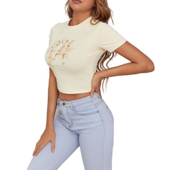 women's t-shirt women slim crop summer adults cartoon print short sleeve round neck, White
women's t-shirt women slim crop summer adults cartoon print short sleeve round neck, White