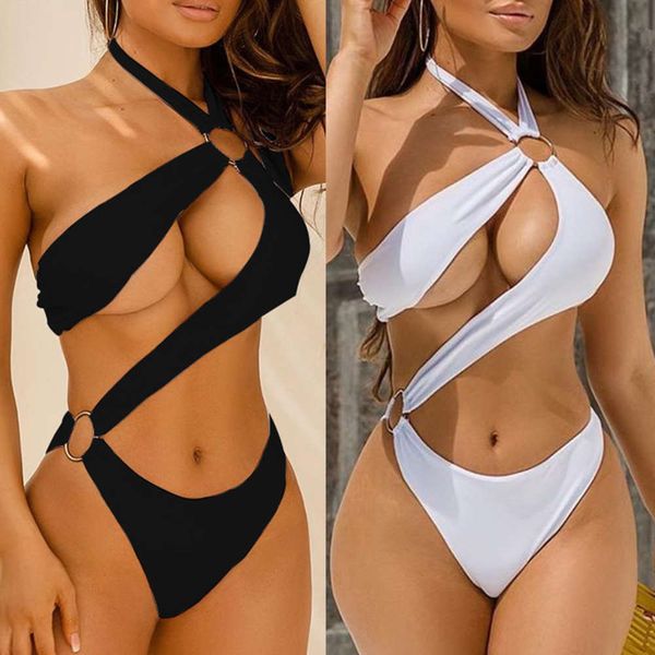 the bikini one piece three color hollow out metal band bikini swimsuit, White;black 
the bikini one piece three color hollow out metal band bikini swimsuit, White;black