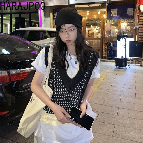 women's vests harajpoo women waistcoat 2021 fall v neck hollow color blocking knitted sweaters black jacket clothing korean fashion ves, Black;white
women's vests harajpoo women waistcoat 2021 fall v neck hollow color blocking knitted sweaters black jacket clothing korean fashion ves, Black;white