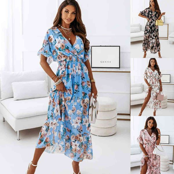 women's clothing dresses 2021 summer dress v-neck short sleeve elastic waist floral skirt, Black;gray
women's clothing dresses 2021 summer dress v-neck short sleeve elastic waist floral skirt, Black;gray