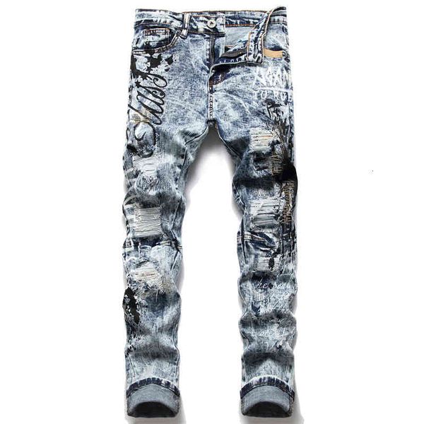 fashion trend style snowflake blue letter printing hole elastic slim fit small straight men's jeans
fashion trend style snowflake blue letter printing hole elastic slim fit small straight men's jeans