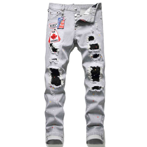 jeans trendy and personalized men's light gray paint splash embroidery badge hole sticking cloth stretch long pants, Blue
jeans trendy and personalized men's light gray paint splash embroidery badge hole sticking cloth stretch long pants, Blue